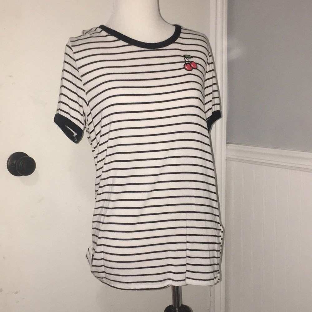Striped, soft shirt, with a cherry Embellishment.